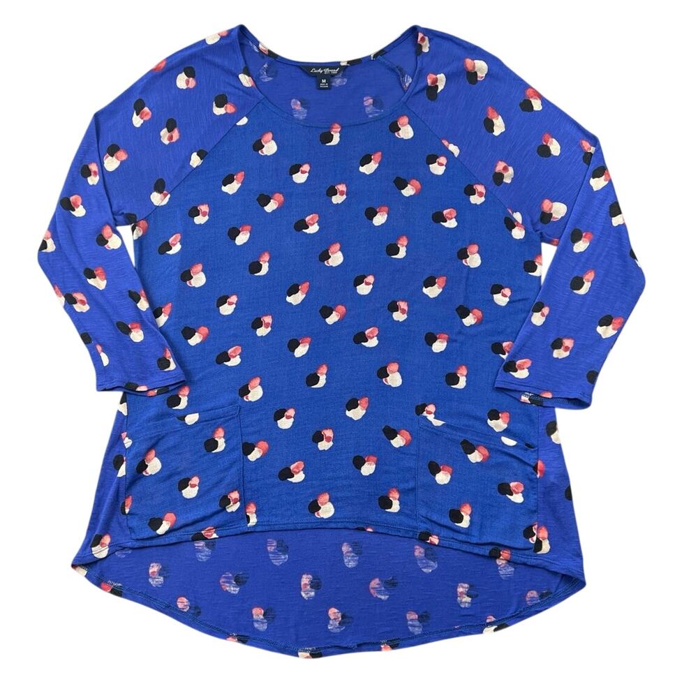 Lucky Brand Blue Printed Tunic Top 100% Viscose Hi Low Hem Boho Blouse - M